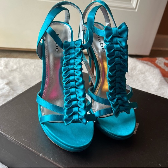 BEBE Jenny Turquoise Satin Bow Strap Heels - Picture 3 of 7